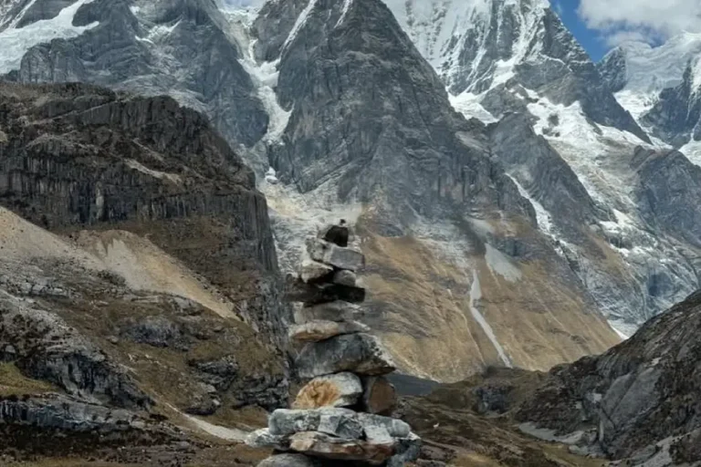 Rocky Andean landscape and glacier mountains during the Huayhuash Trek 5 Days