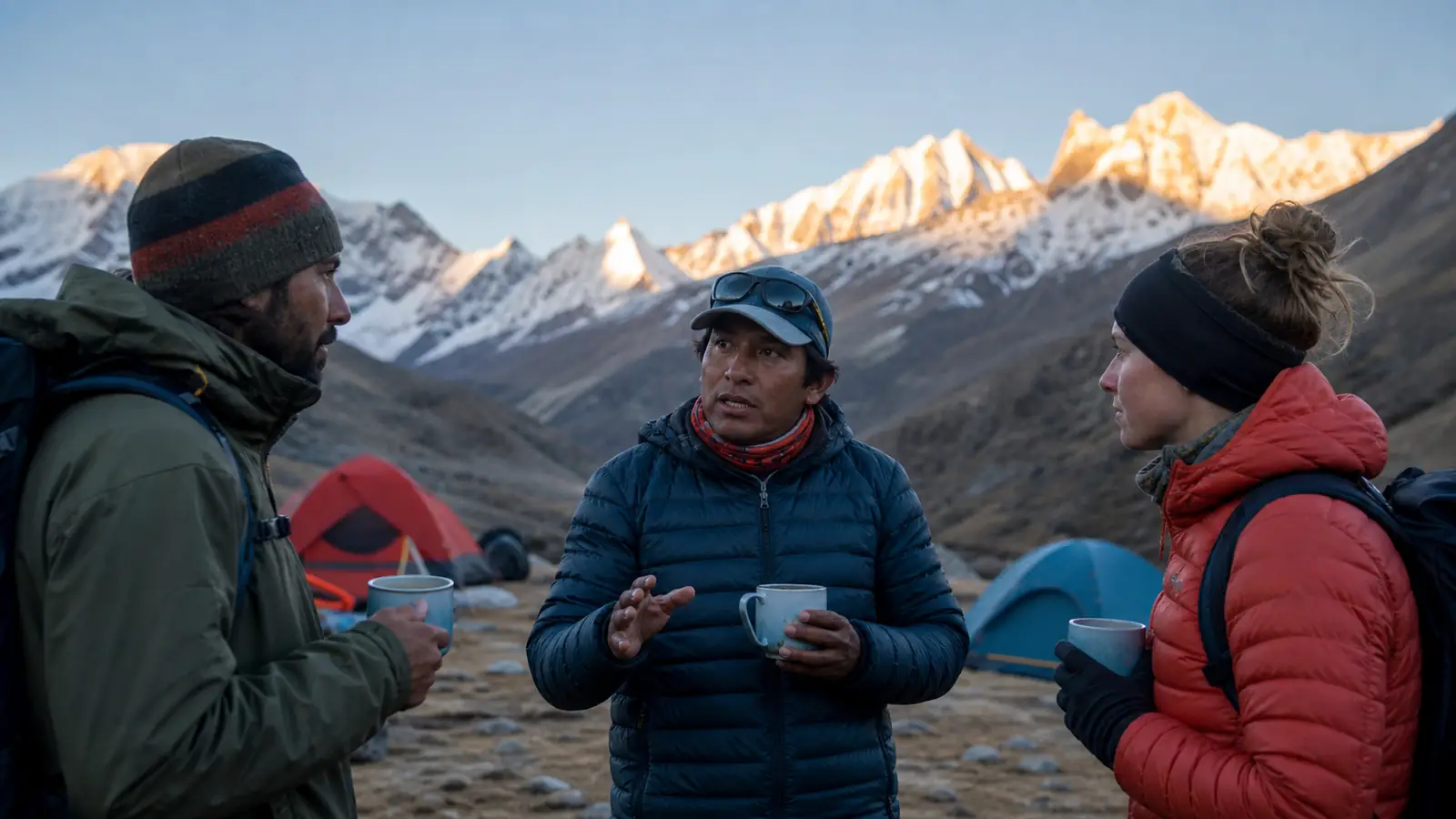 Local guide speaking with trekkers during a calm morning altitude check at a Huayhuash campsite