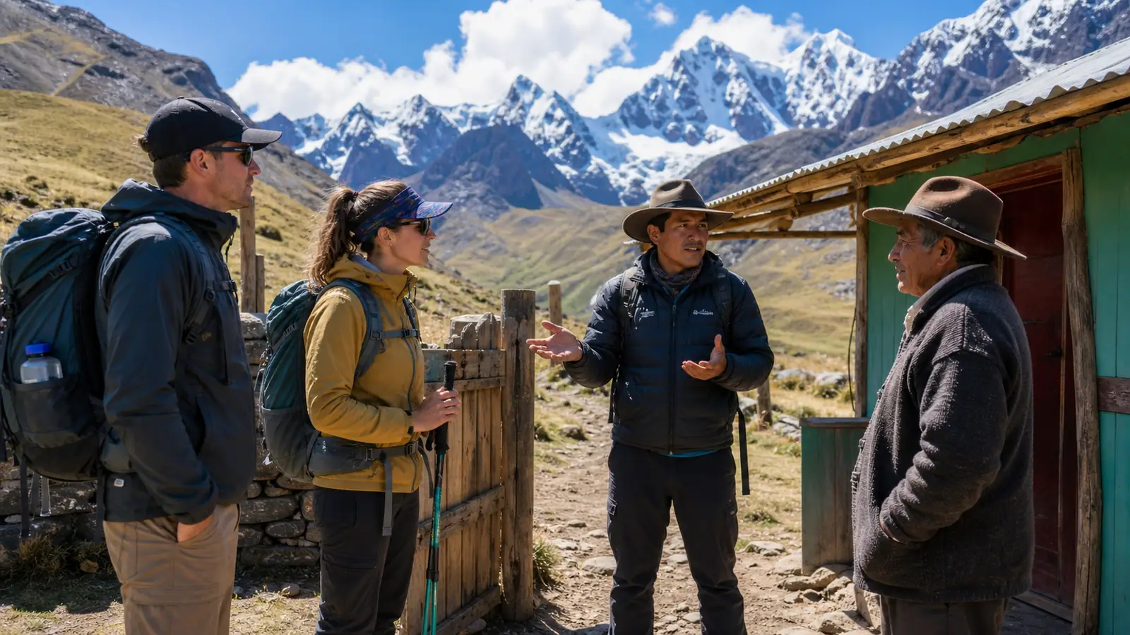Hikers and their local guide respectfully meeting a community representative at a Huayhuash trail access point