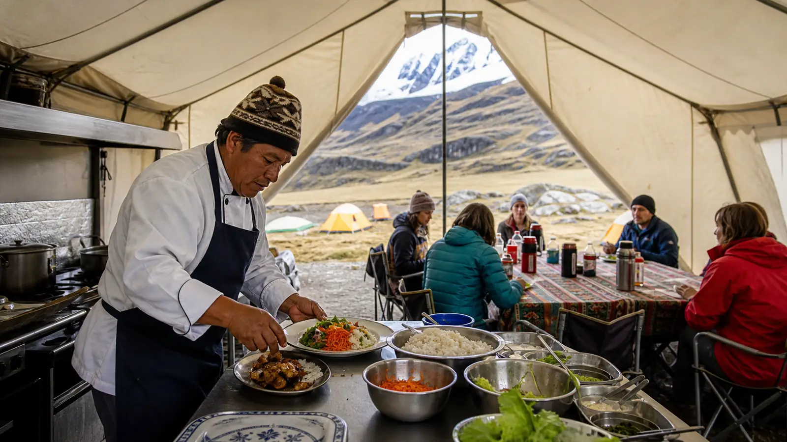 Professional Peruvian mountain cook preparing a balanced meal inside a Huayhuash expedition dining tent