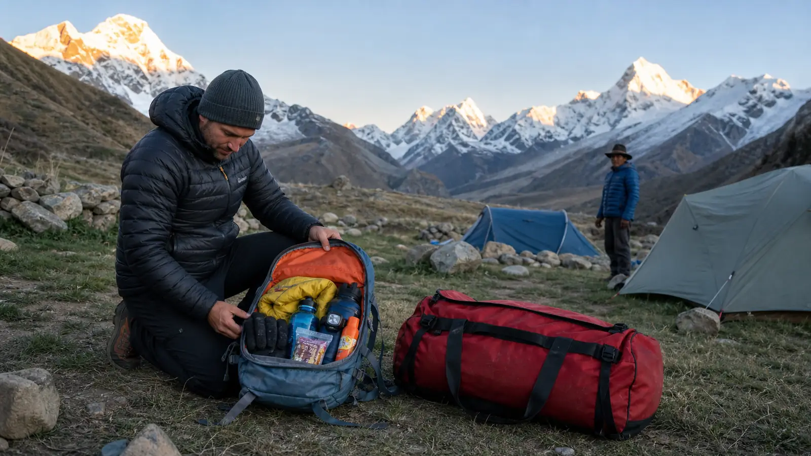 Trekker organizing daily essentials in a compact daypack beside a separate expedition duffel at Huayhuash camp