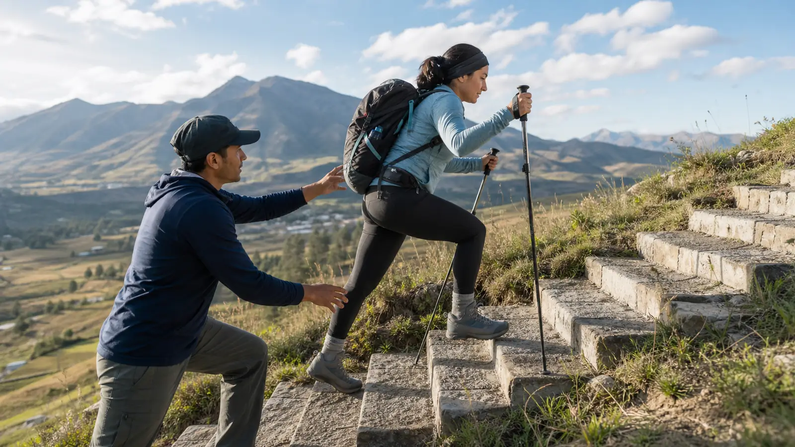 Hiker training with a daypack and trekking poles on outdoor stairs in preparation for the Huayhuash Trek