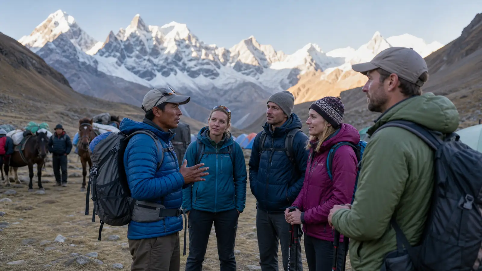 Local guide briefing four hikers at a supported Huayhuash camp with expedition staff and pack animals