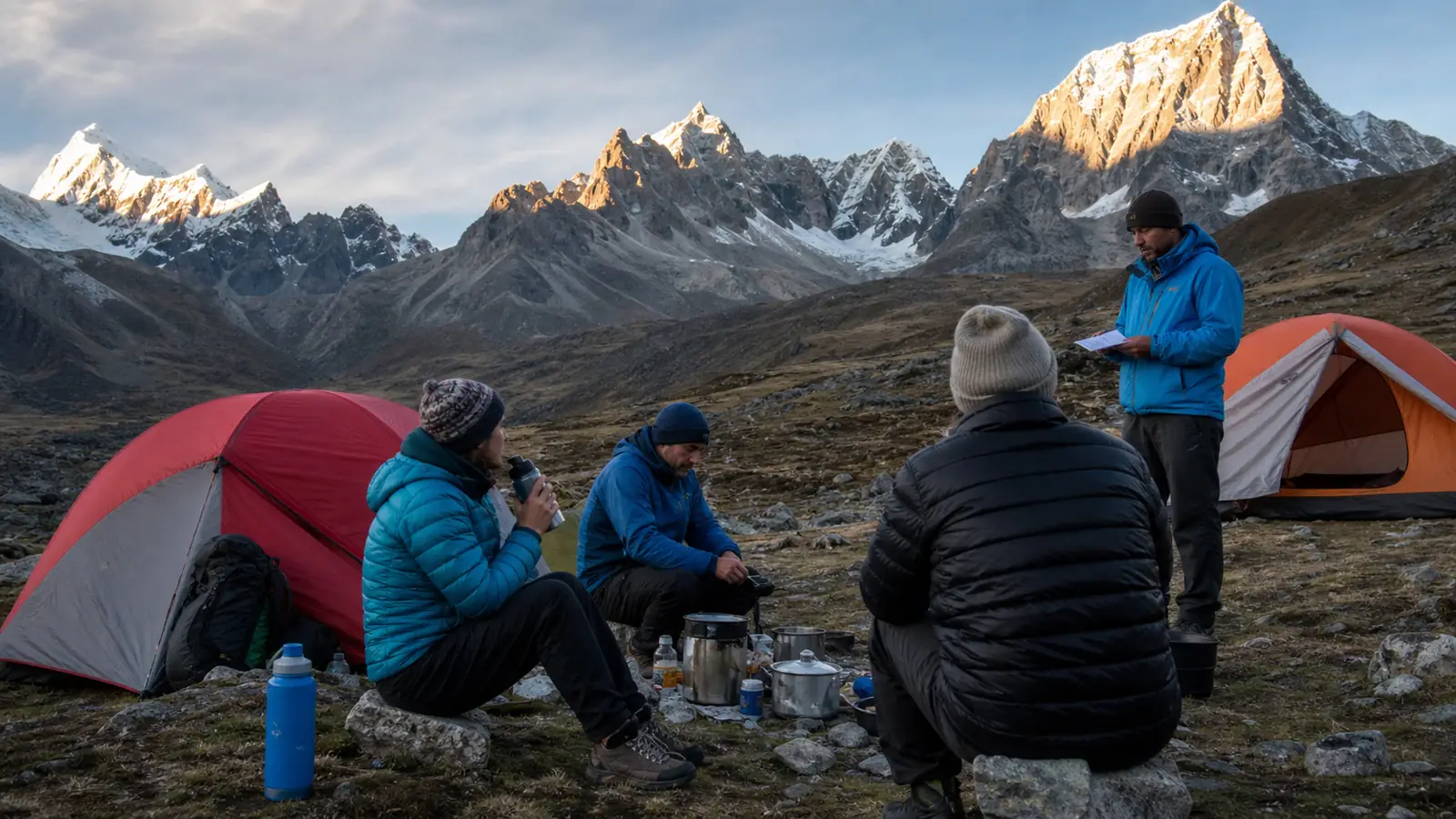 Trekkers hydrating, eating and wearing warm layers during recovery at a high Huayhuash camp