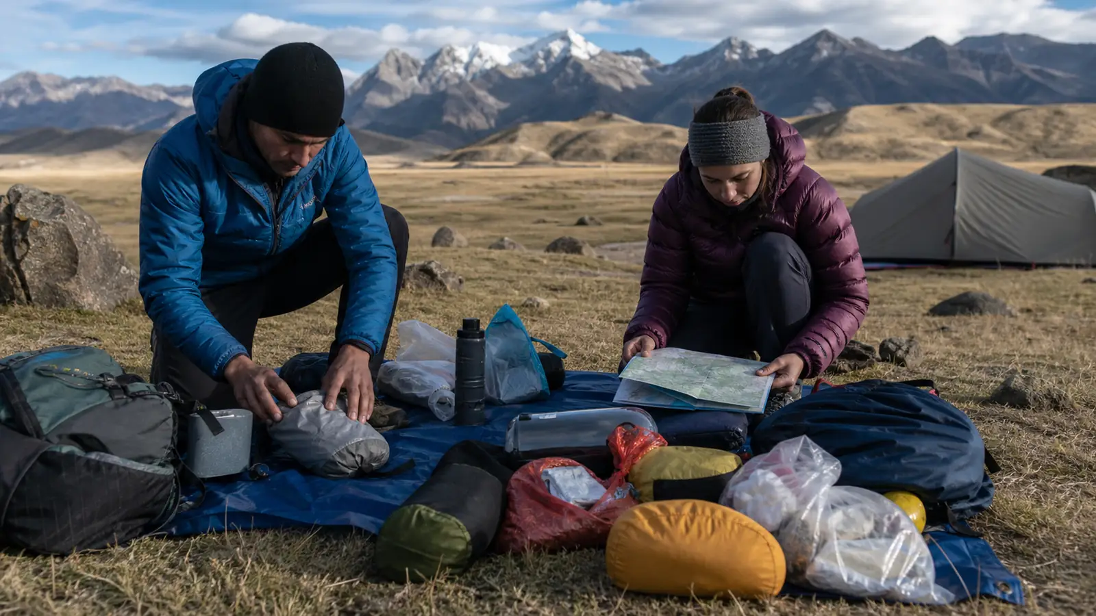 Two experienced backpackers organizing camping equipment and food for an independent Huayhuash trek