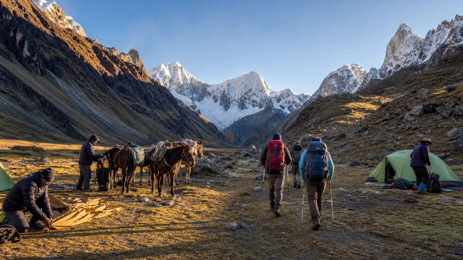 Trekkers leaving a Huayhuash campsite while expedition staff prepare responsibly loaded pack horses