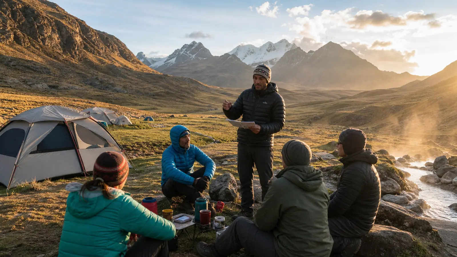 Guide reviewing the next Huayhuash stage with trekkers during a calm evening at camp