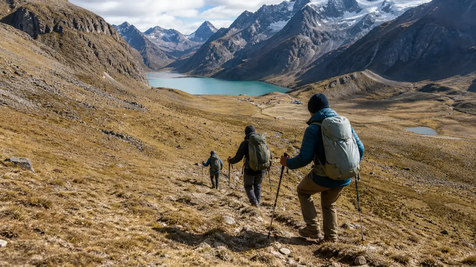 Hikers descending toward a distant Huayhuash campsite using trekking poles and controlled downhill technique