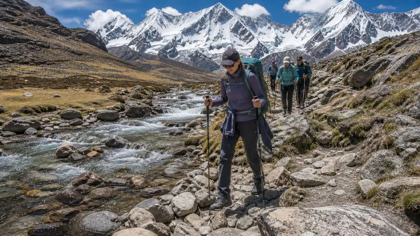 Hikers using trekking poles to cross uneven rock and a shallow stream on a nontechnical Huayhuash trail
