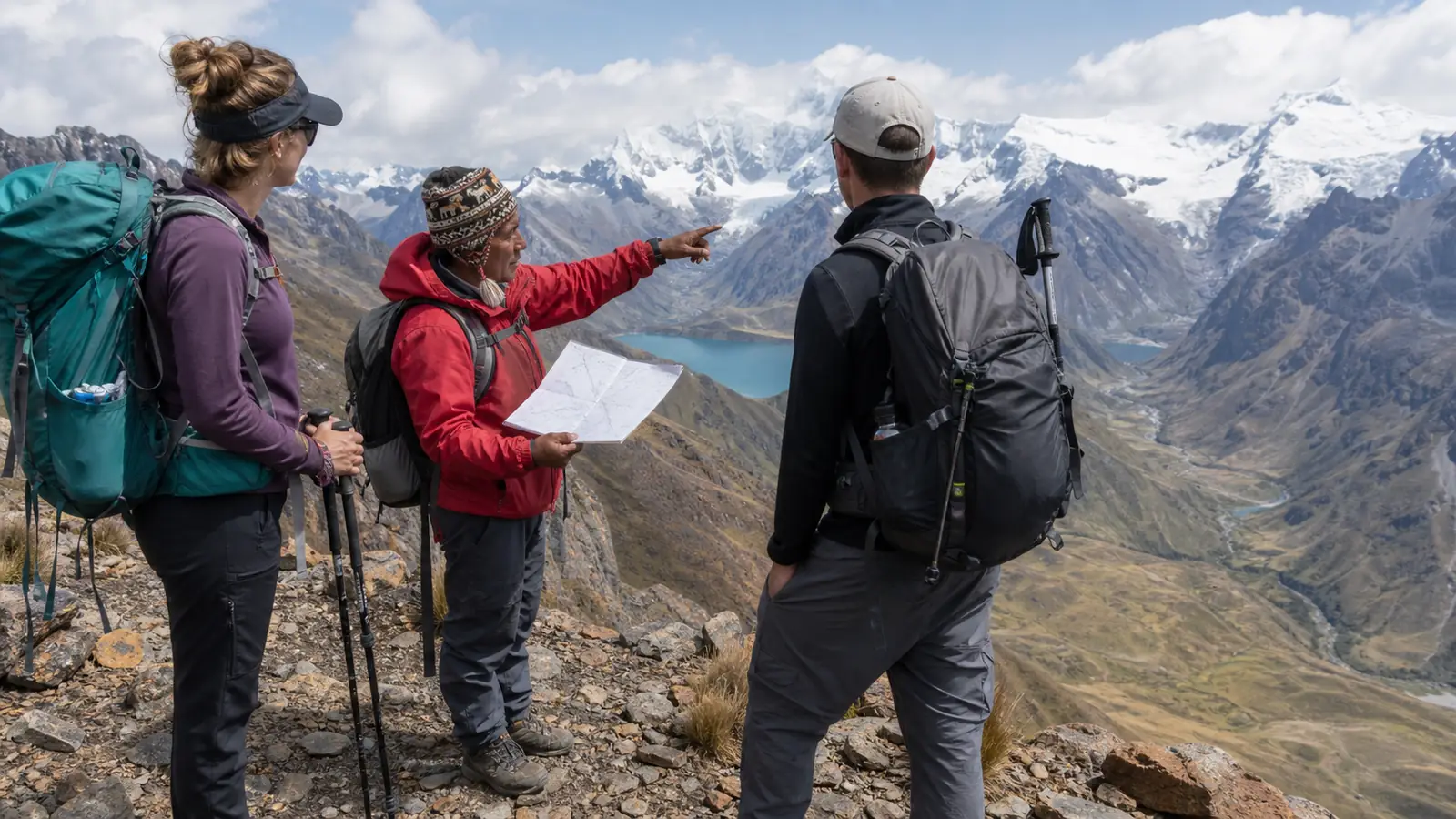 Professional local guide discussing Huayhuash route options with two hikers at a high mountain viewpoint
