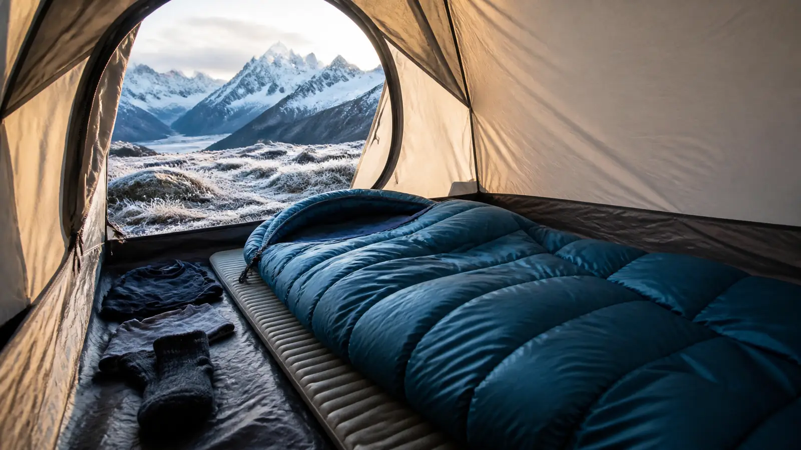 Cold-weather sleeping bag and insulated pad prepared inside a tent at a frosty Huayhuash campsite