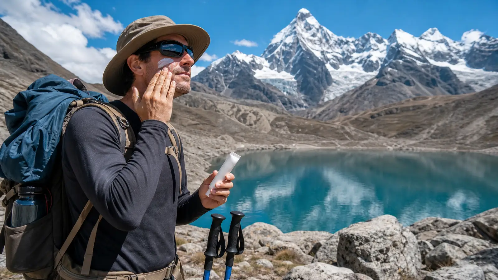 Hiker applying sunscreen while wearing sunglasses and a brimmed hat beside a high-altitude Huayhuash lake