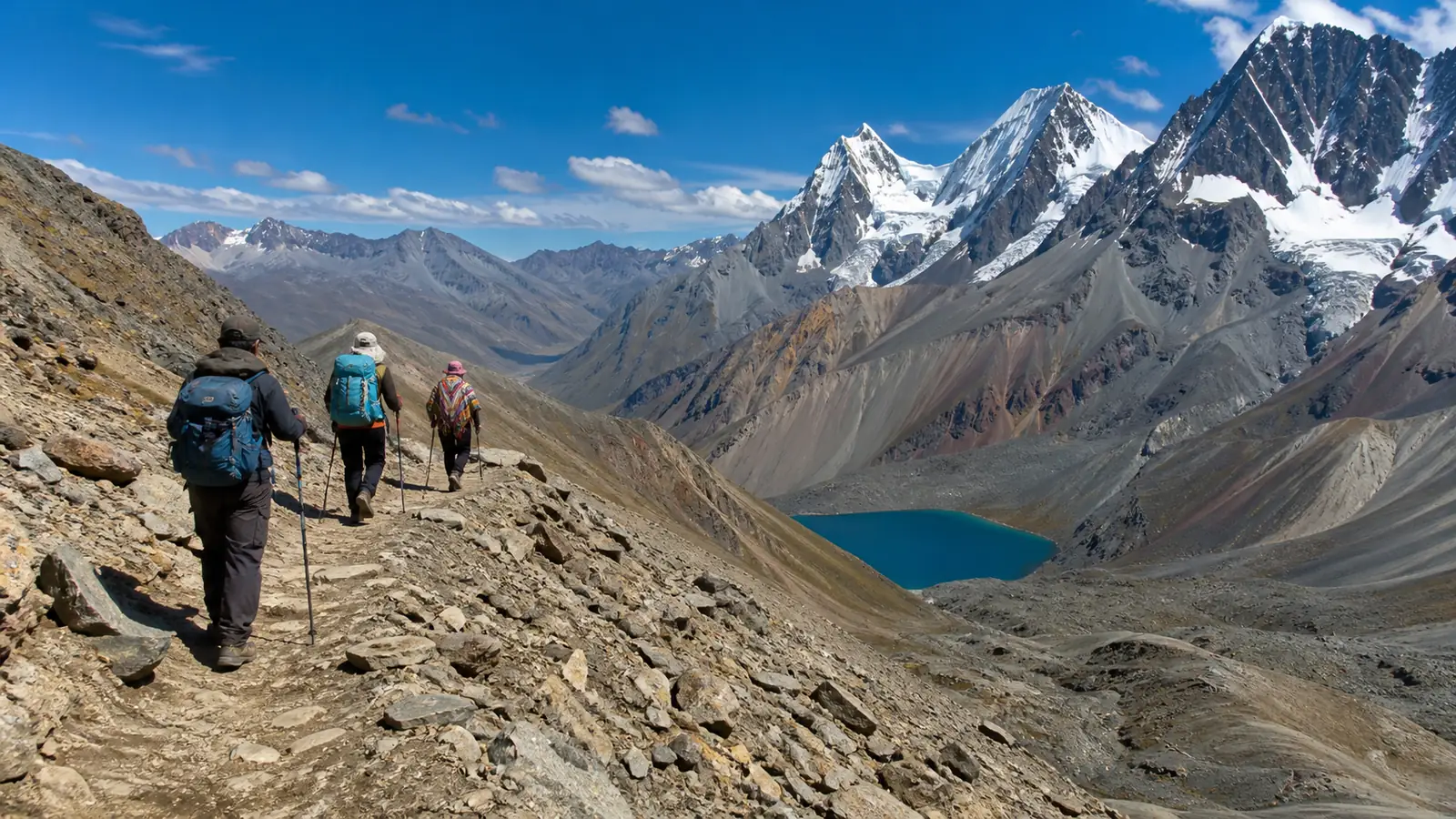 Trekking group crossing a rugged high trail near Trapecio Pass in the southern Cordillera Huayhuash