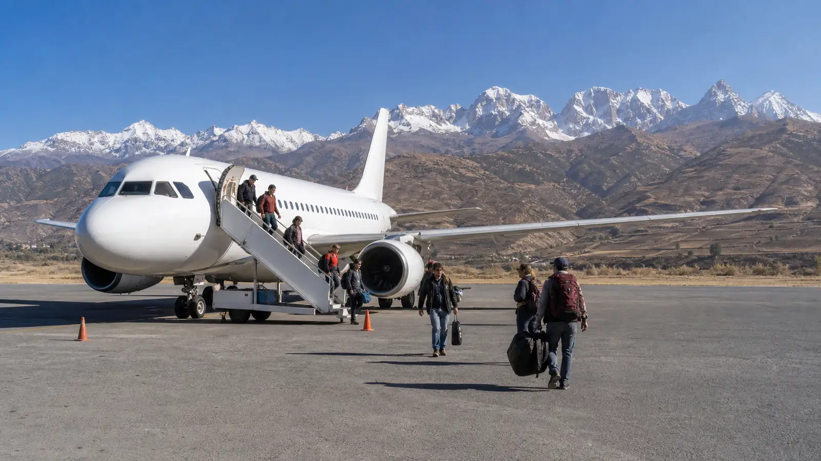 Commercial aircraft at Anta Airport with trekking passengers arriving near the Cordillera Blanca
