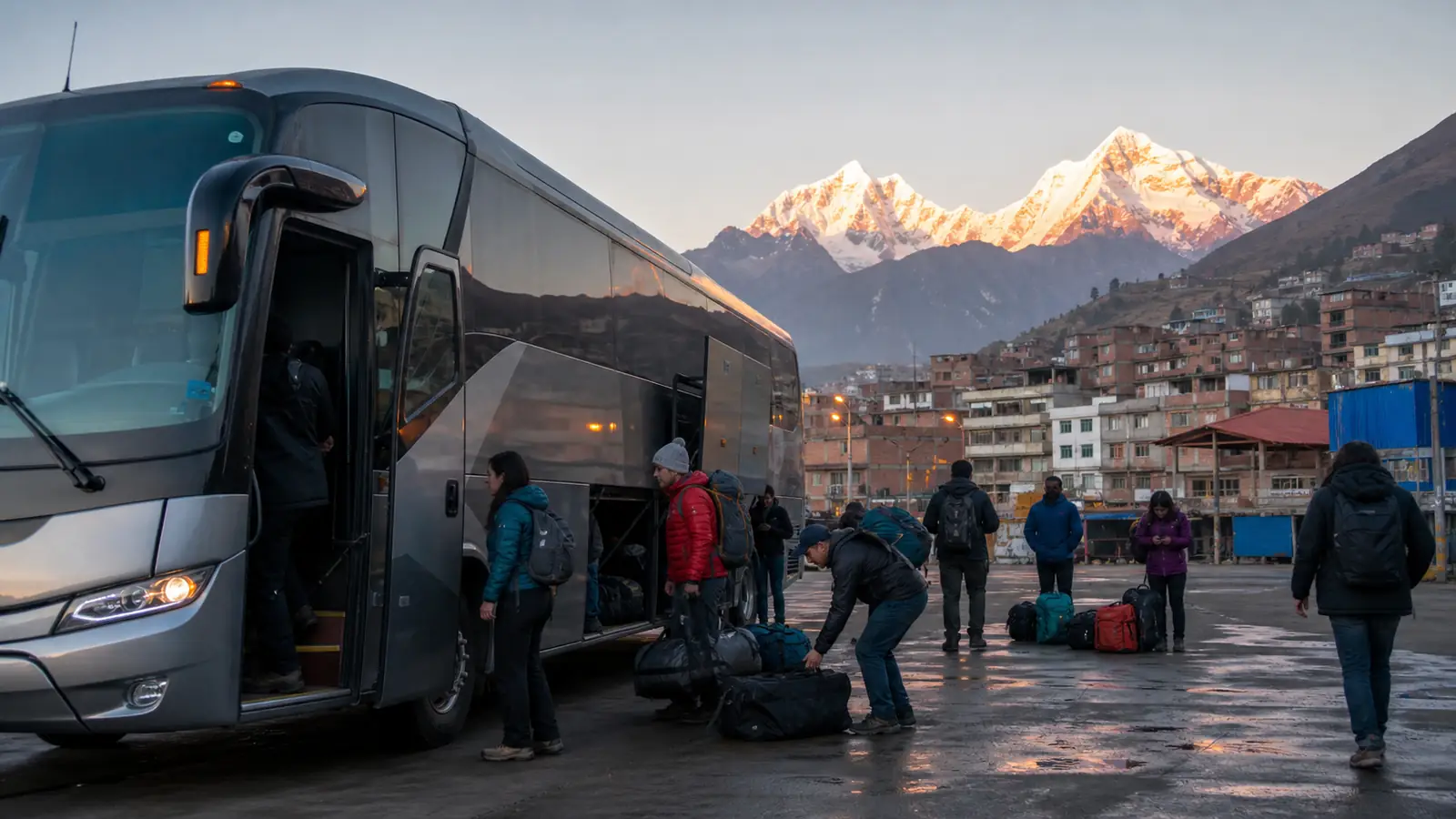 Intercity coach arriving in Huaraz at dawn while trekking travelers collect their backpacks and duffels