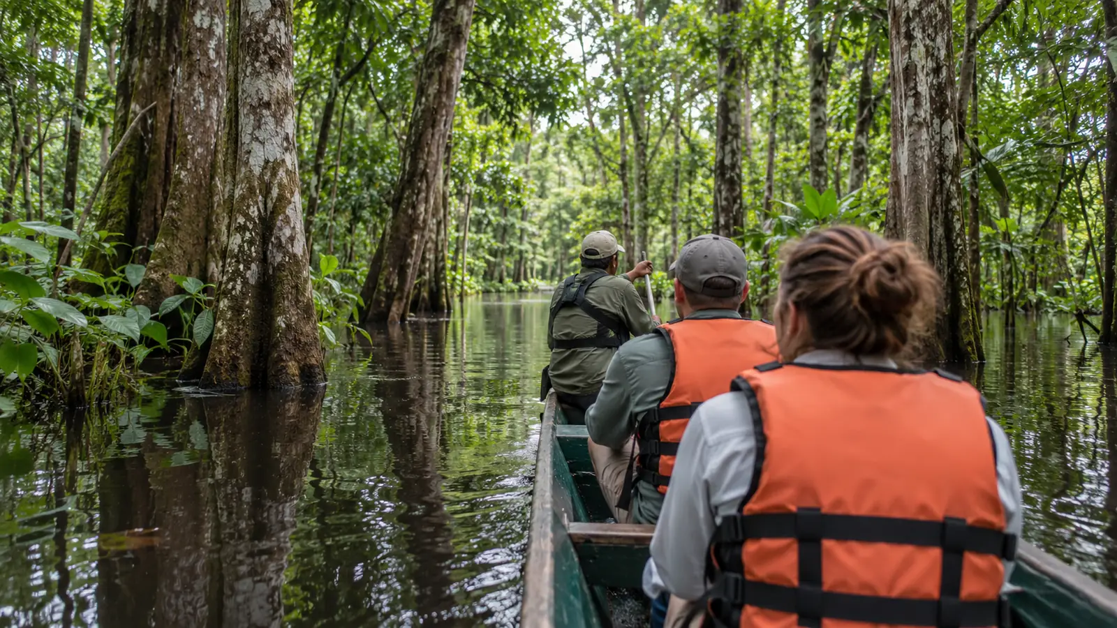 Travelers and a local guide canoeing safely through seasonally flooded forest near Iquitos