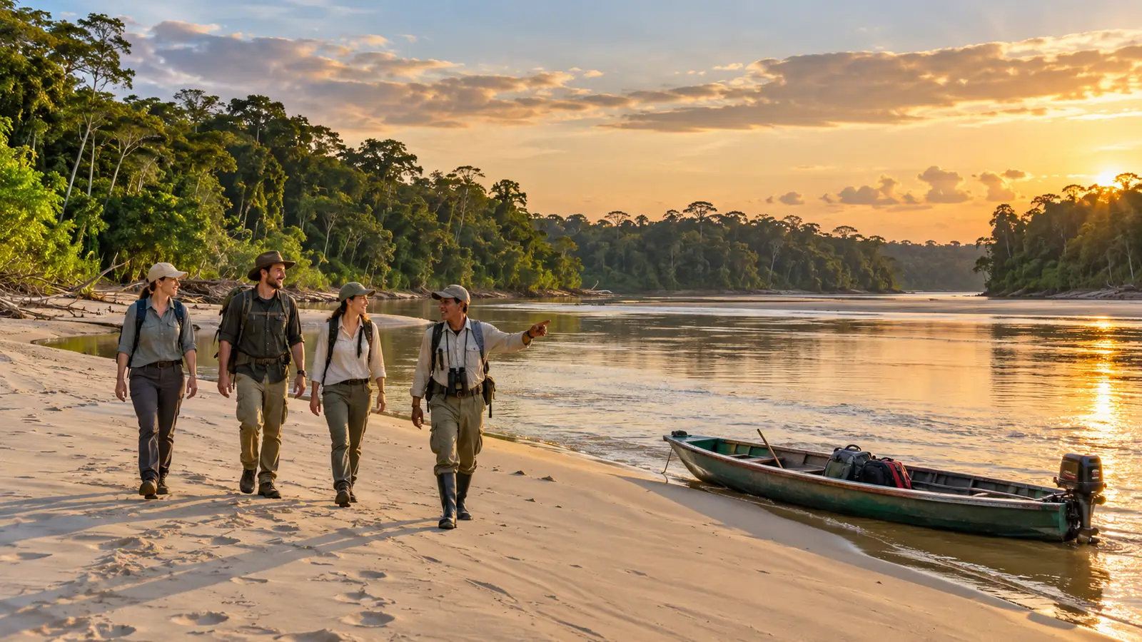Travelers walking with a river guide along an exposed Amazon sandbar during lower water near Iquitos
