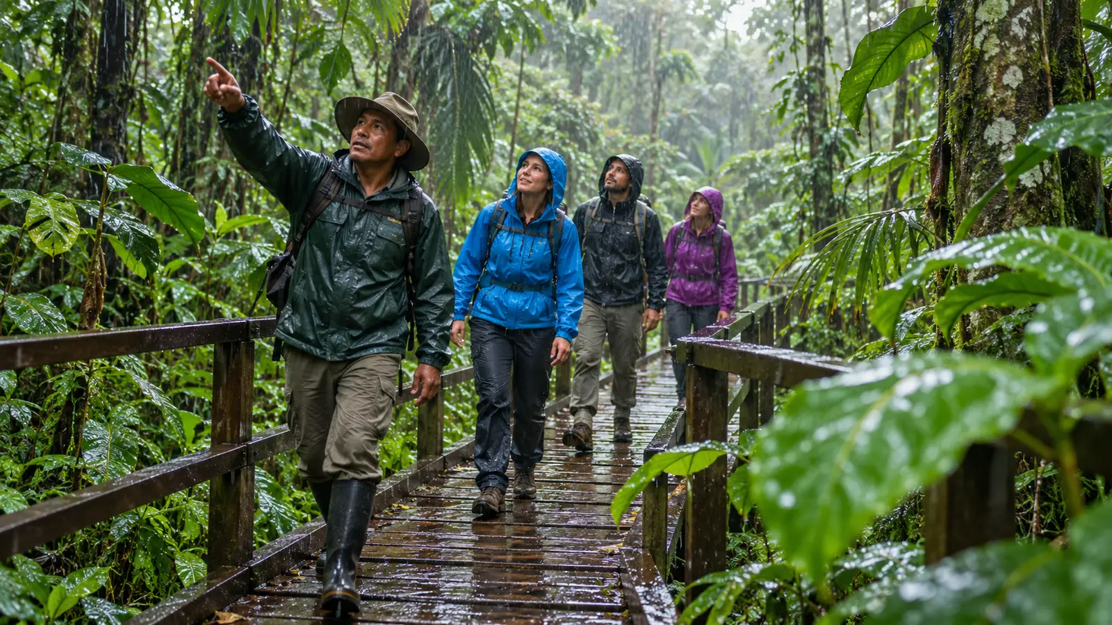 Travelers in light rain jackets following a guide on a raised Amazon rainforest walkway during rain