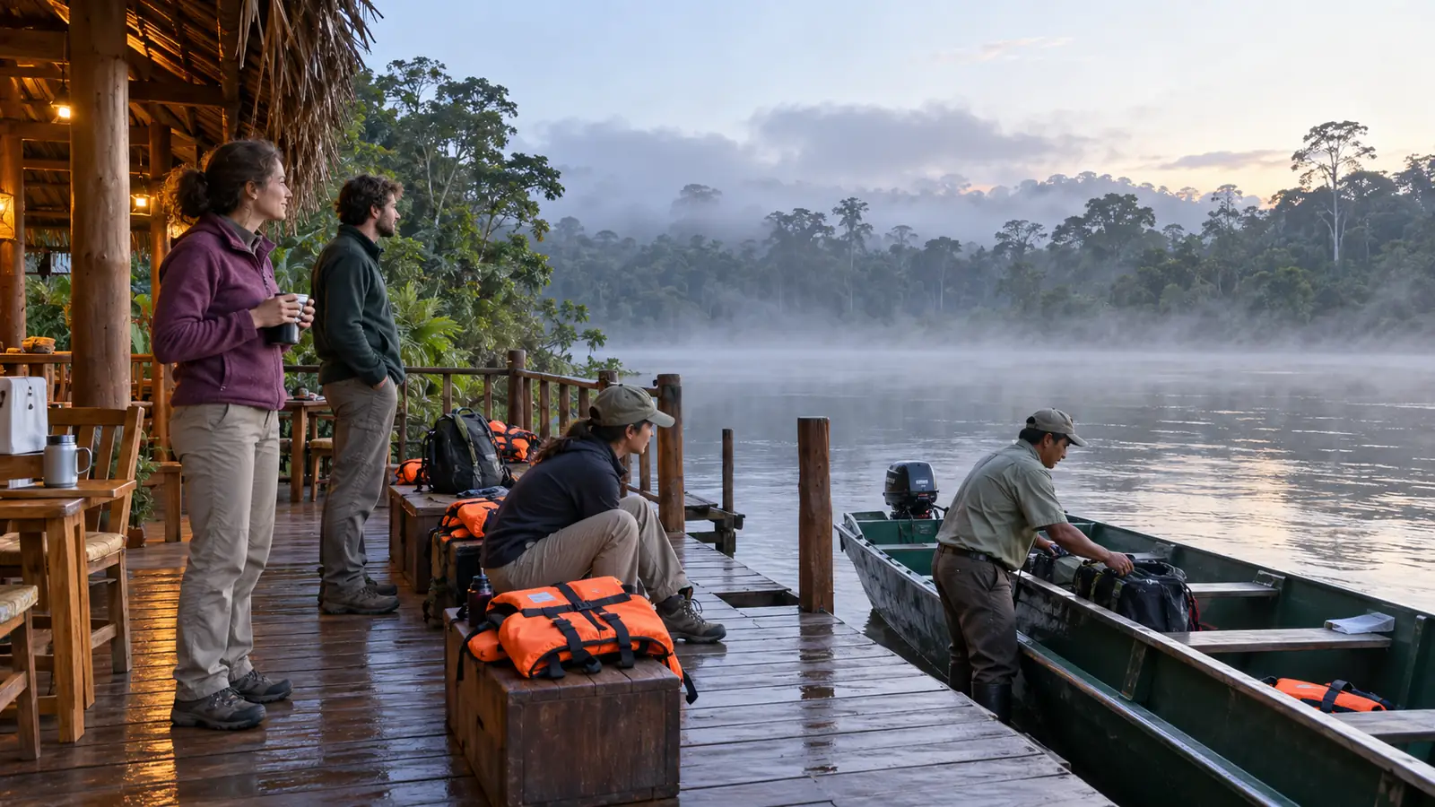 Travelers wearing light warm layers at a misty Tambopata lodge before a morning boat excursion