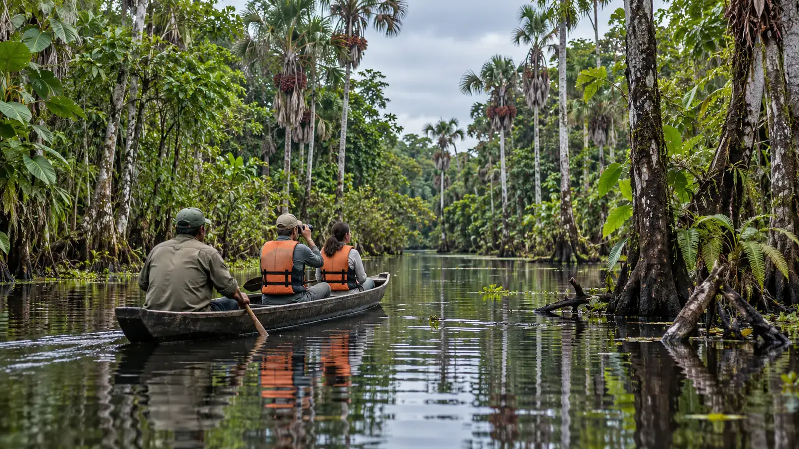 Guided canoe traveling through a seasonally flooded forest channel near Iquitos