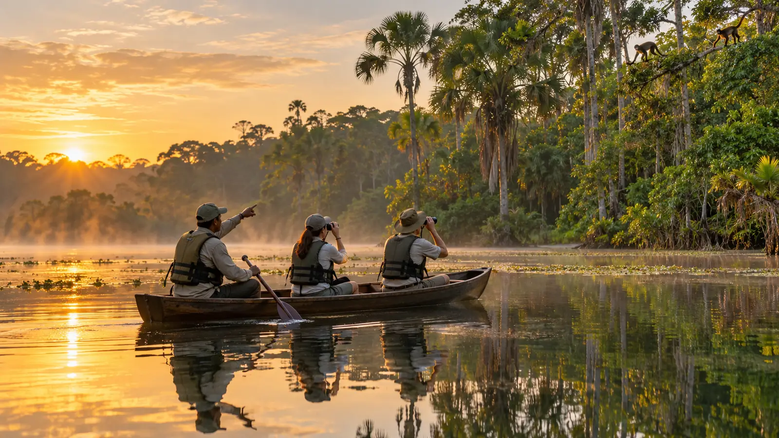 Naturalist guide and travelers quietly paddling an Amazon oxbow lake at sunrise