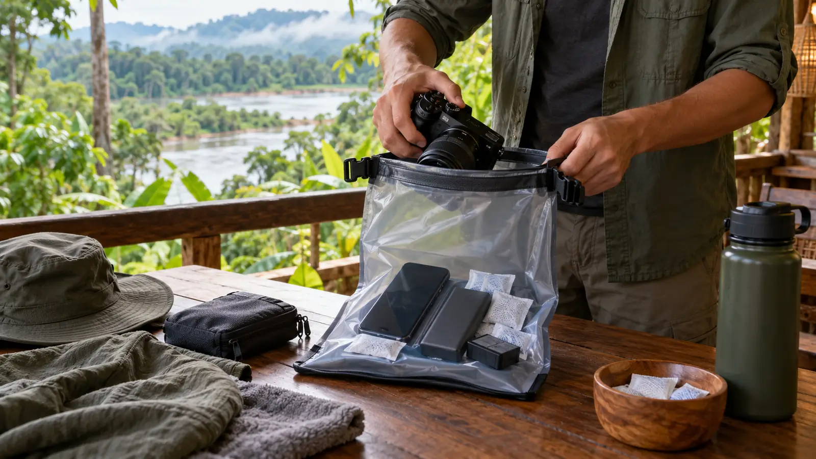 Traveler placing a camera, batteries and phone inside a waterproof pouch at an Amazon lodge