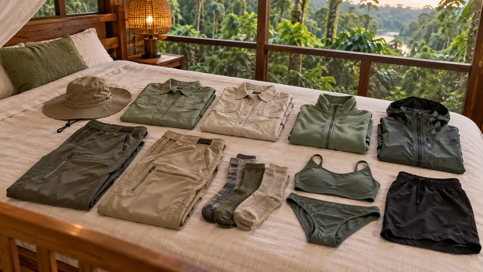 Lightweight long shirts, trousers, socks, hat, rain shell and swimwear arranged for an Amazon trip