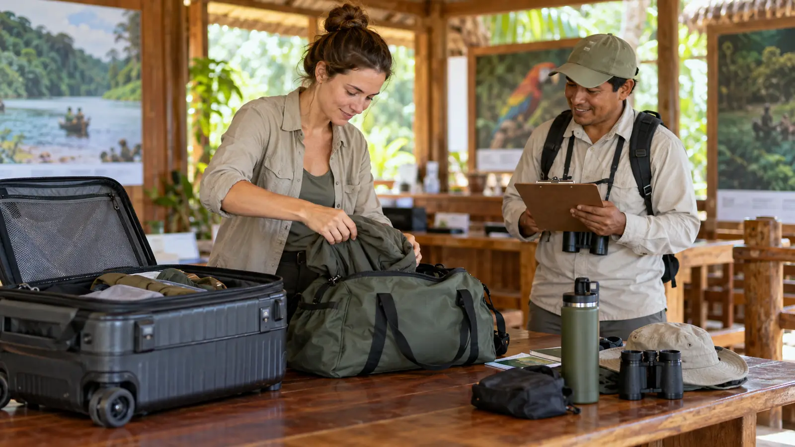 Traveler moving essential Amazon gear from a wheeled suitcase into a compact lodge duffel
