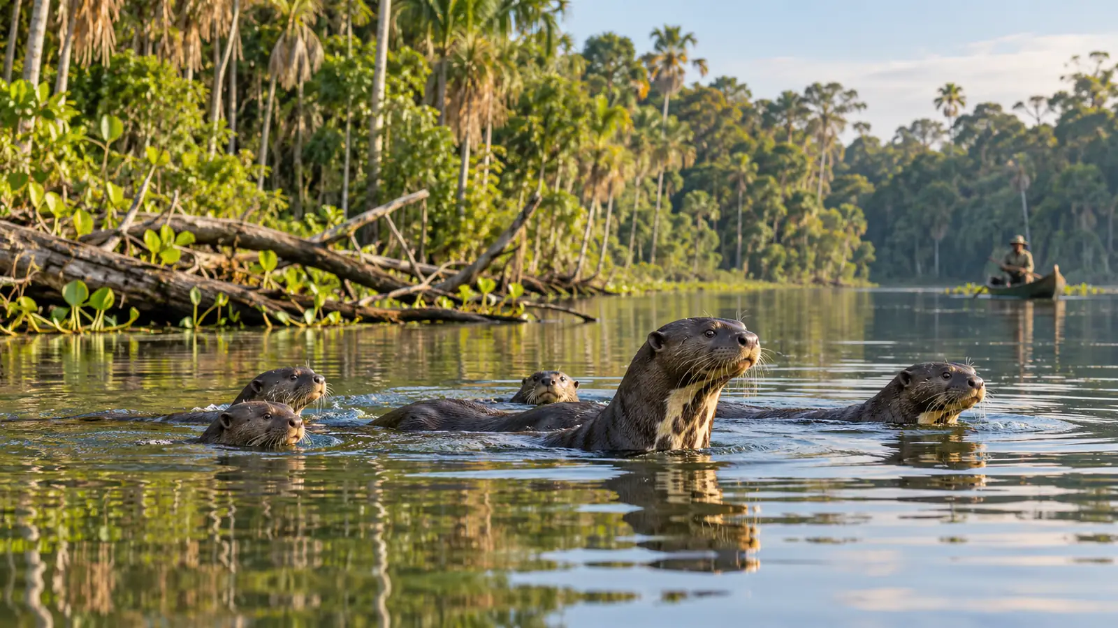 Family of giant river otters swimming naturally in an oxbow lake near Tambopata