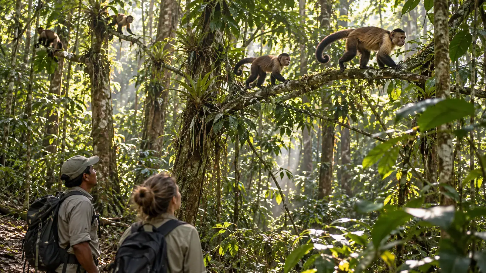 Local guide and traveler quietly observing capuchin monkeys moving through the rainforest canopy