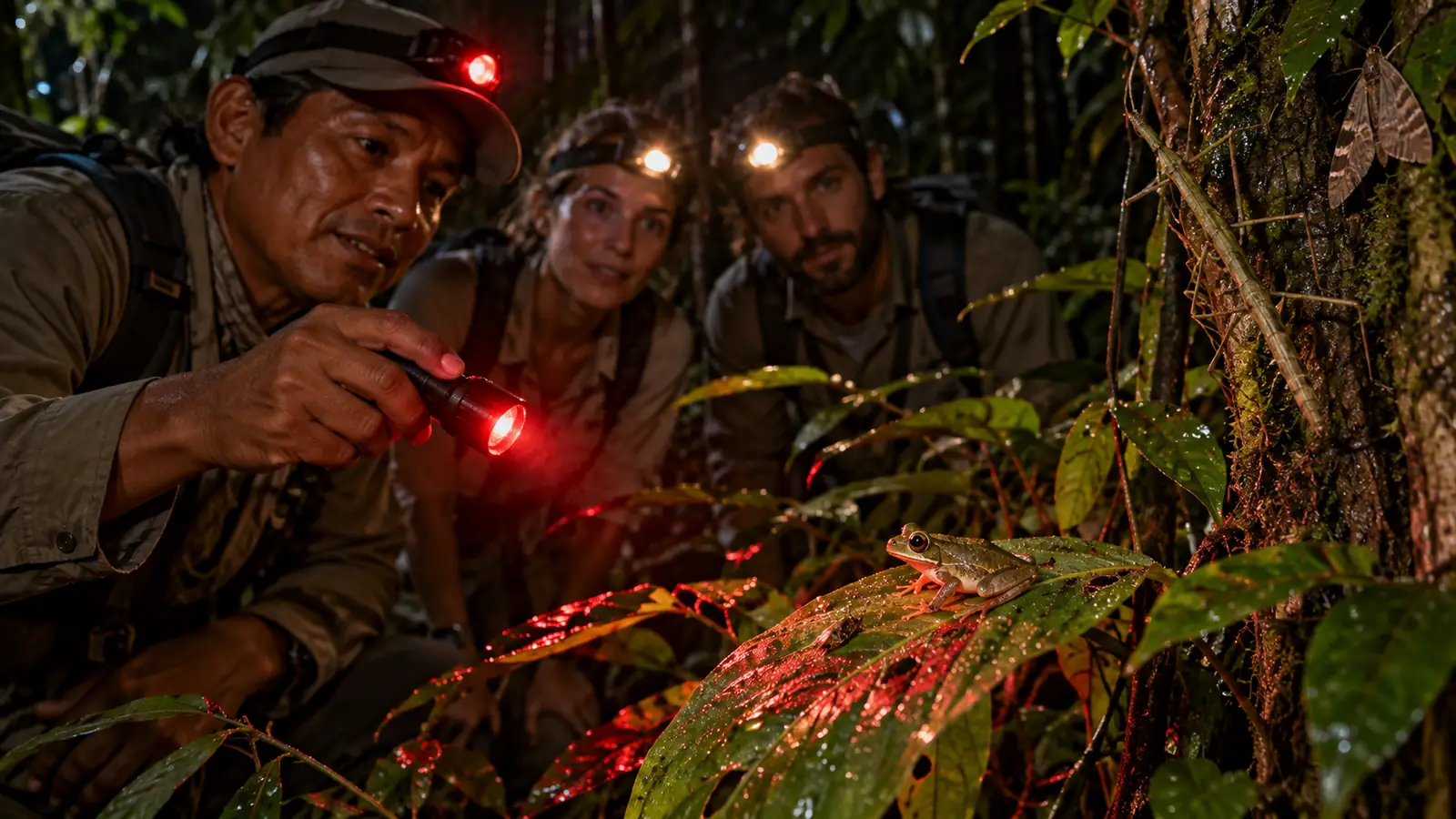 Naturalist guide and travelers observing a tree frog and insects during a careful Amazon night walk
