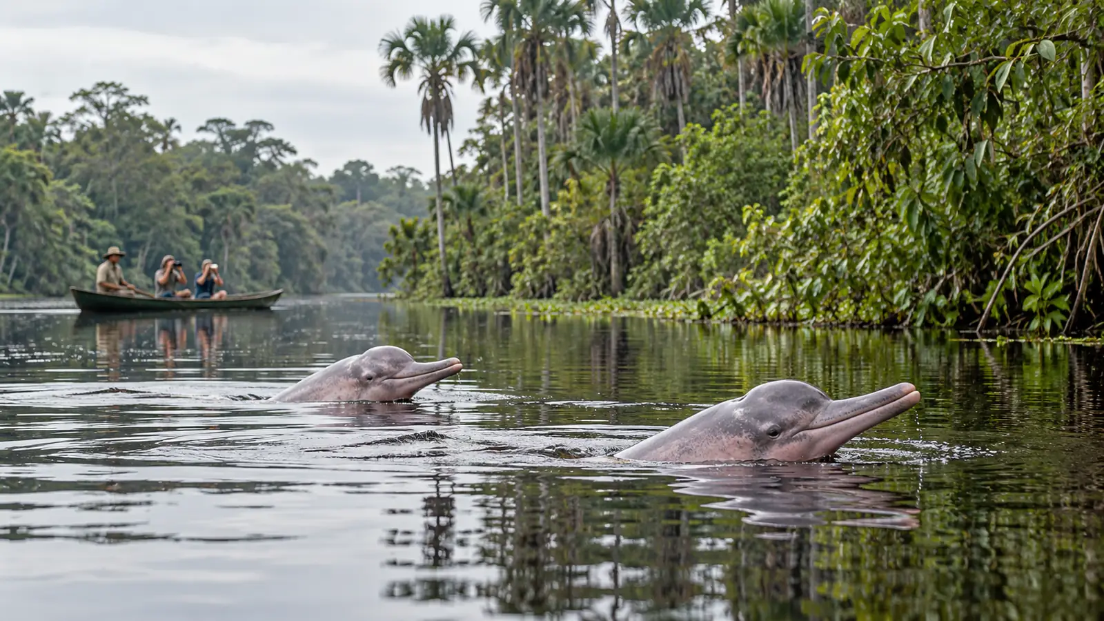 Two Amazon river dolphins surfacing in a flooded forest channel while a canoe watches from a distance