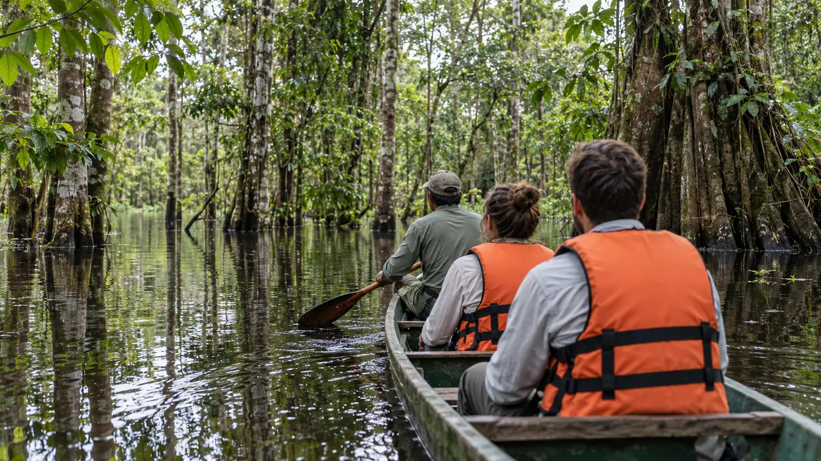 Naturalist paddling travelers wearing life jackets between flooded rainforest trees during high-water season