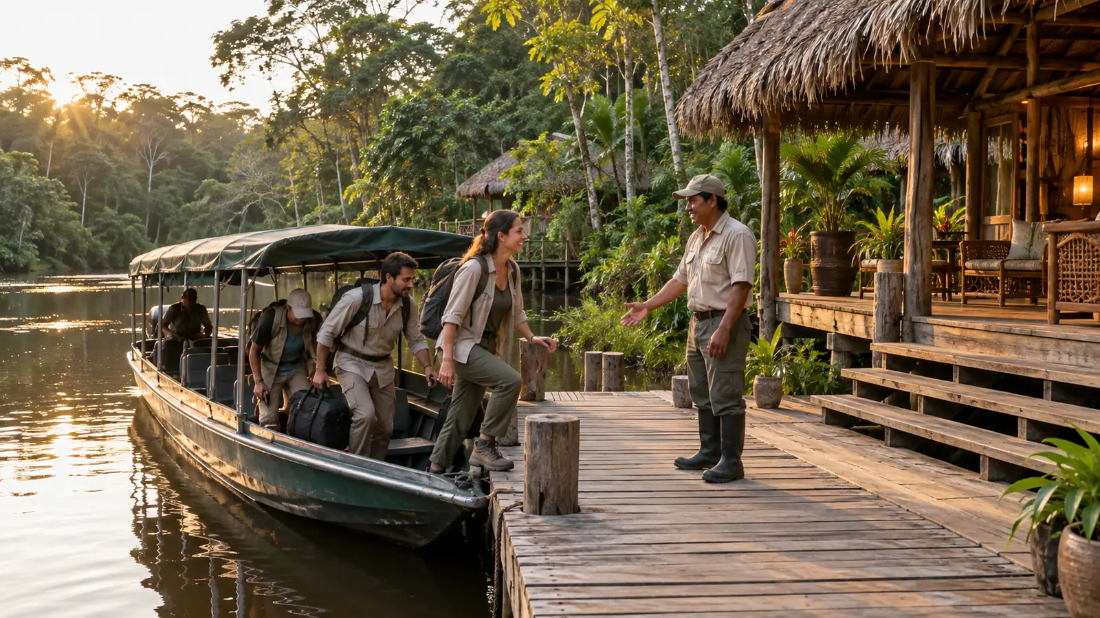Travelers stepping from a covered boat onto the dock of a low-impact rainforest lodge near Iquitos