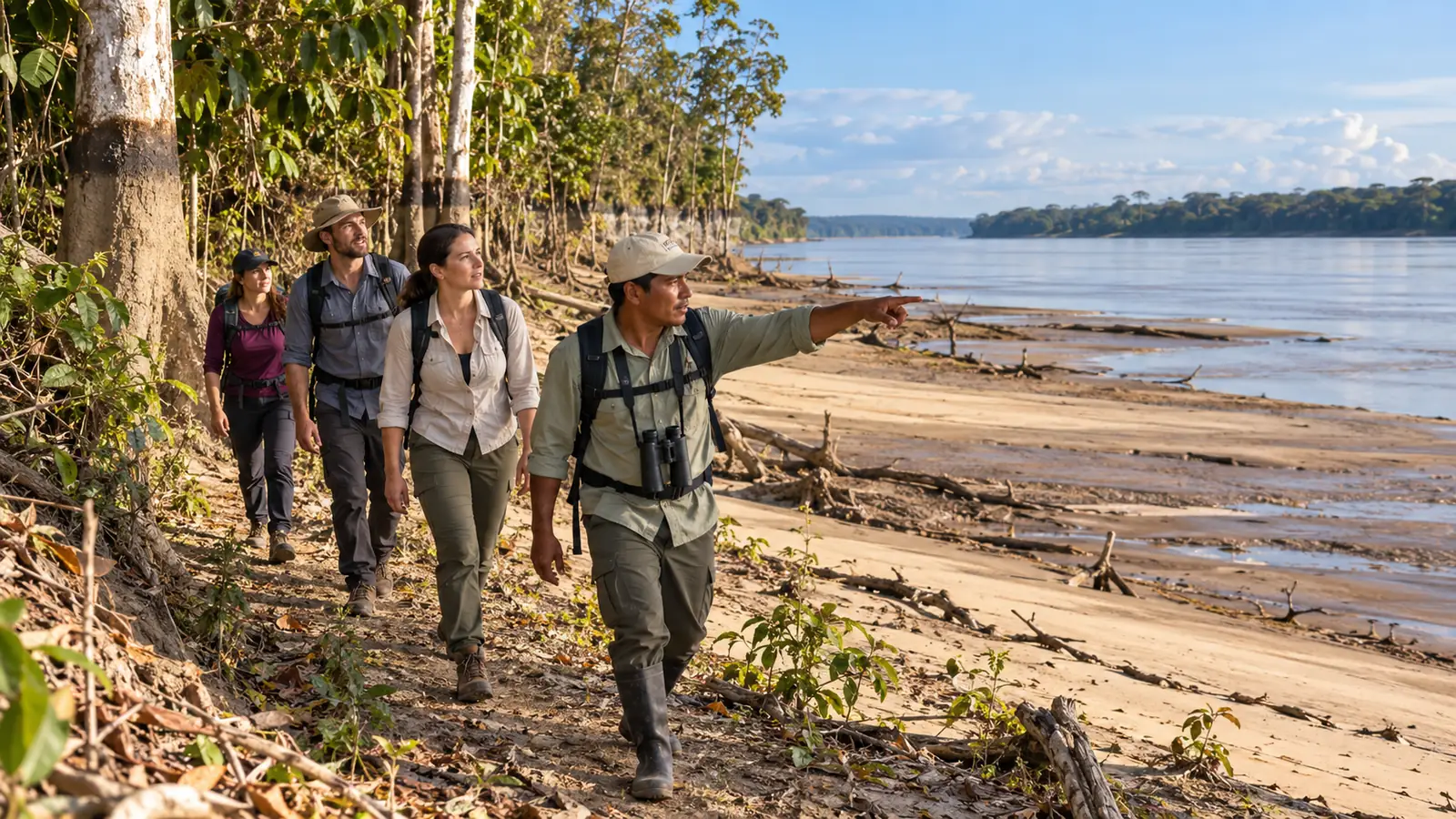 Local guide leading travelers along an exposed sandy riverbank and forest trail near Iquitos in lower-water season