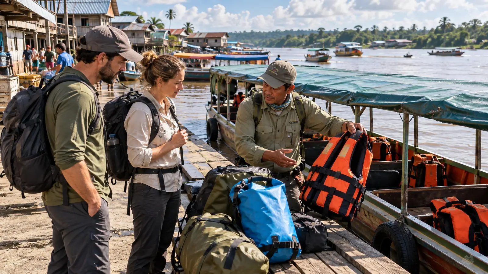 Local guide briefing two travelers with life jackets and dry bags beside a covered boat at an Iquitos river port