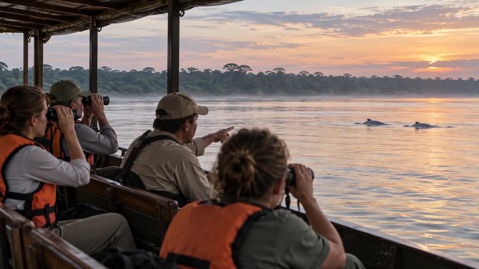 Travelers observing distant river dolphins from a covered boat with a local naturalist near Iquitos