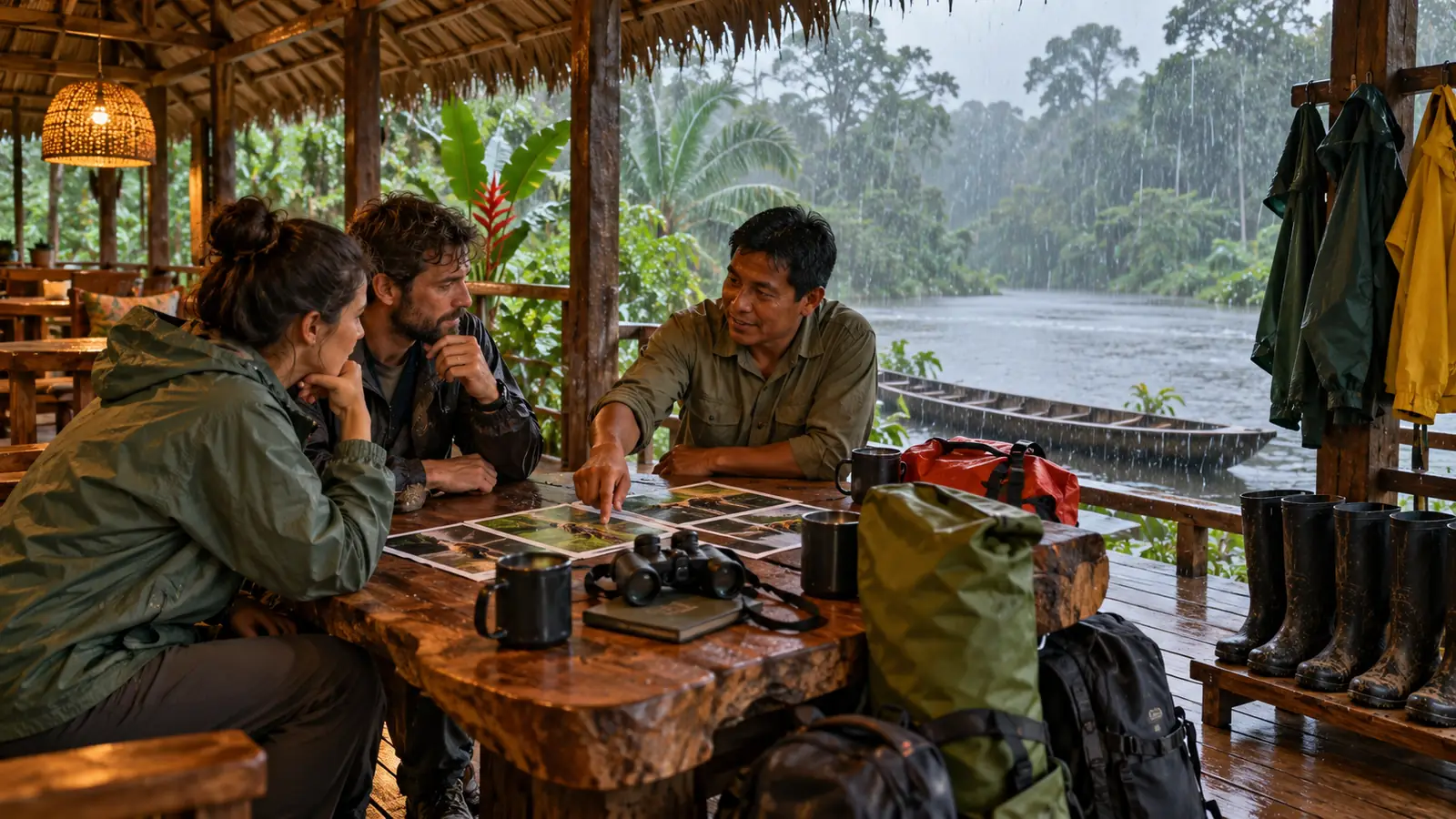 Guide helping travelers choose canoe and walking activities during tropical rain at an Amazon lodge