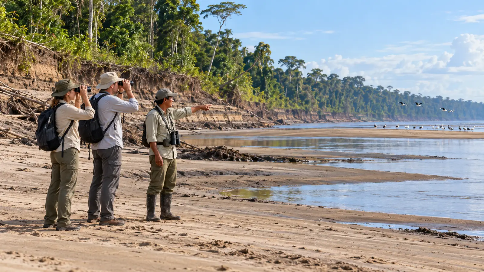 Naturalist and travelers observing distant waterbirds from an exposed sandy riverbank during low water