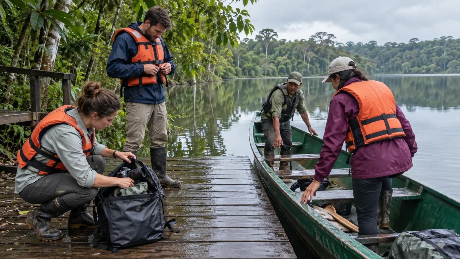 Guide and travelers fitting life jackets and protecting camera equipment before boarding a Lake Sandoval canoe