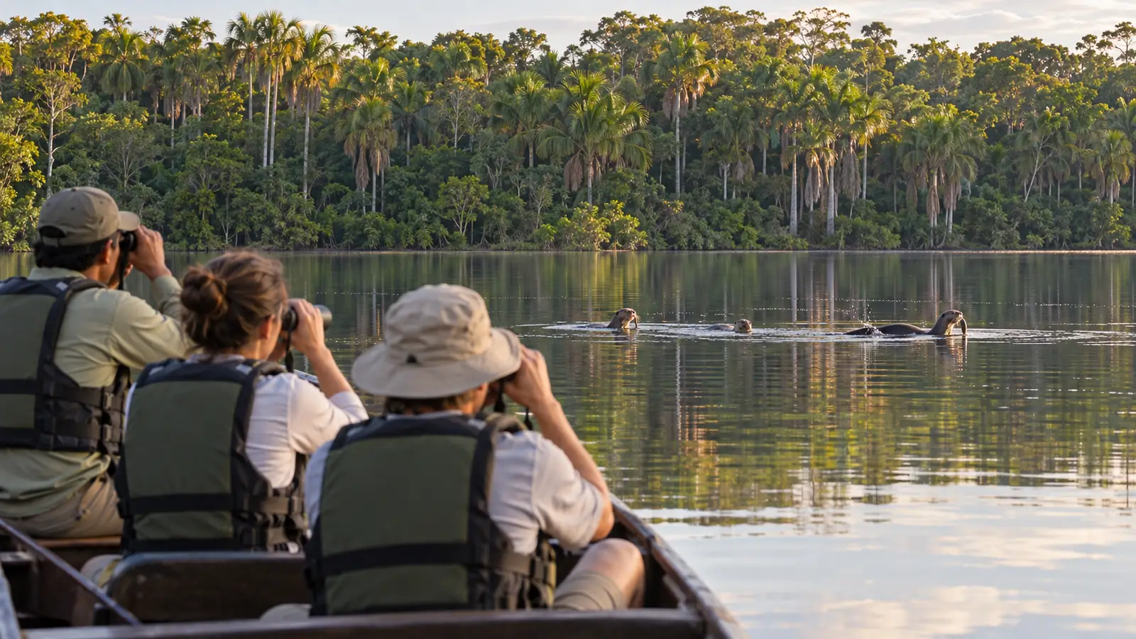Travelers quietly observing a distant family of giant river otters from a paddle boat on Lake Sandoval