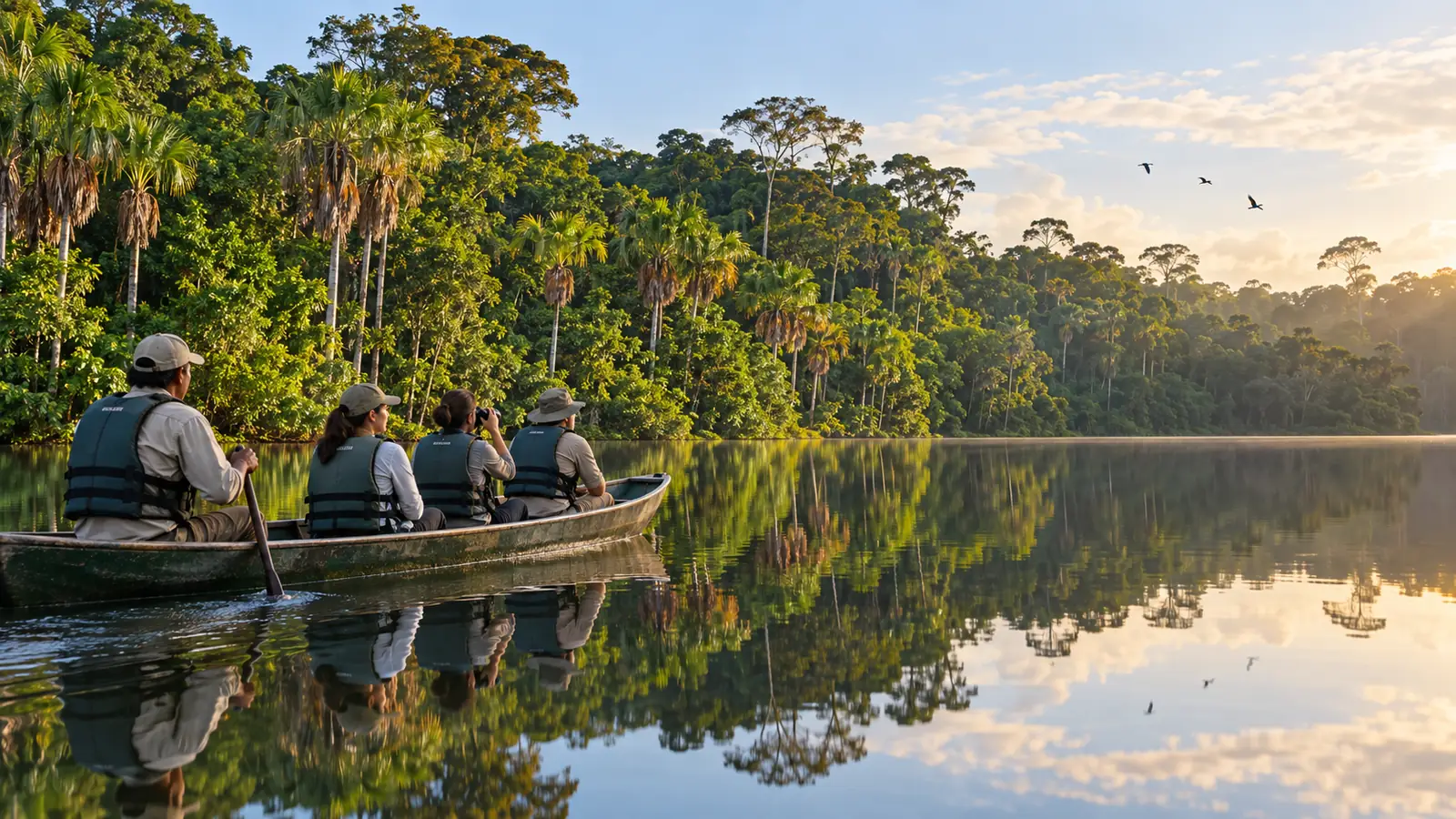 Travelers wearing life jackets observing rainforest birds from a canoe on a calm Tambopata lake