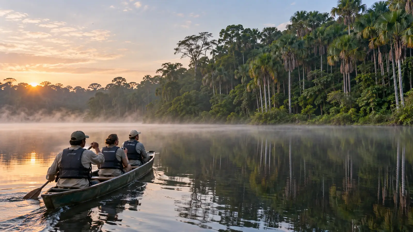Naturalist guide paddling travelers across a quiet oxbow lake near Puerto Maldonado at dawn