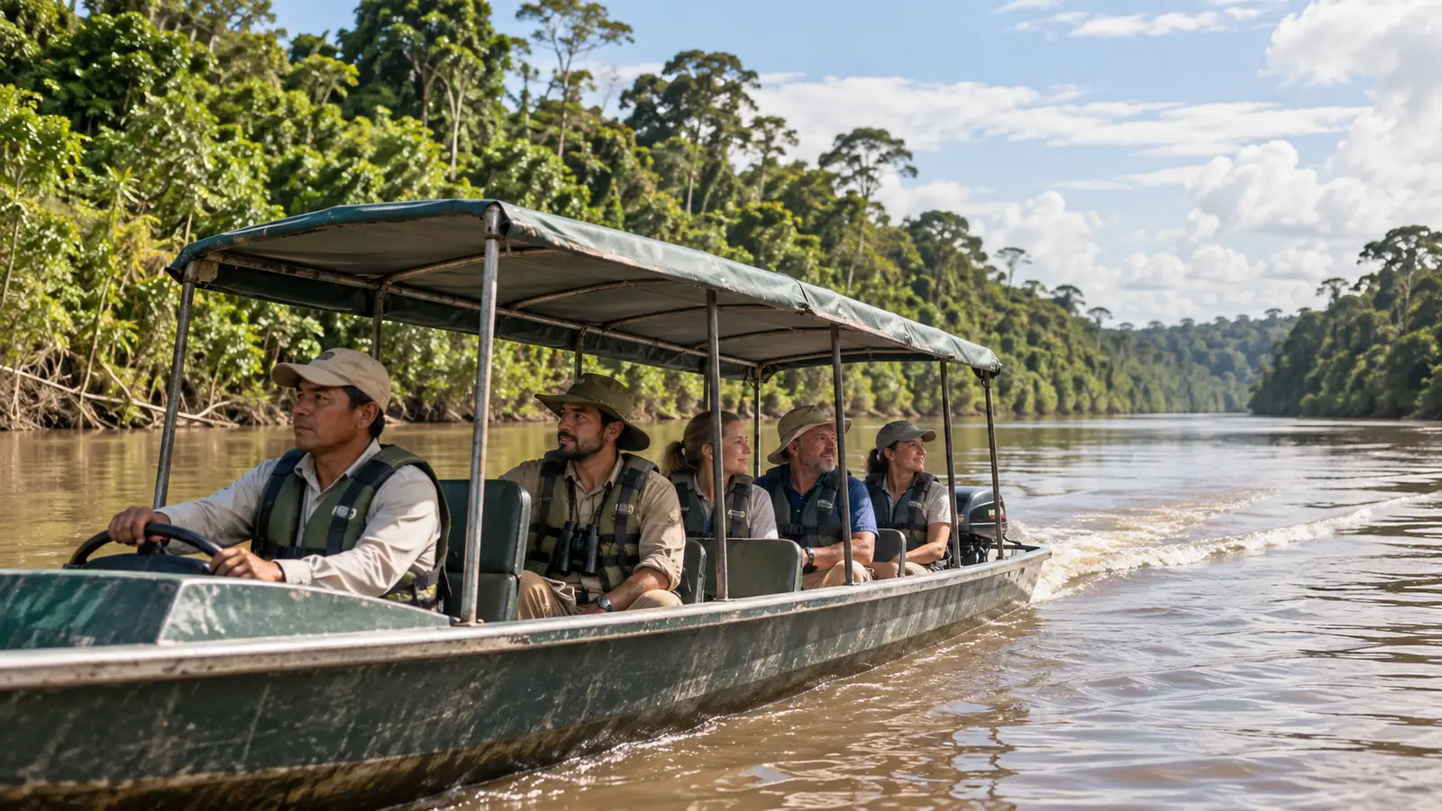 Travelers wearing life jackets during a covered motorboat transfer on the Madre de Dios River