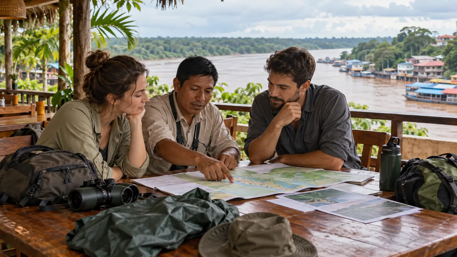 Travelers planning a responsible Puerto Maldonado rainforest itinerary with a local guide beside the river