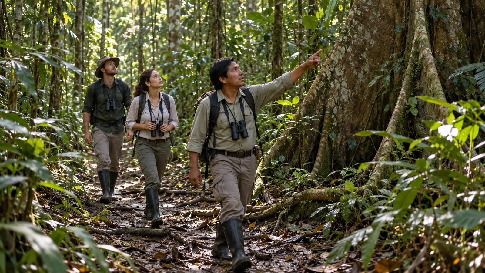 Local naturalist guiding travelers along a relatively firm rainforest trail in Tambopata