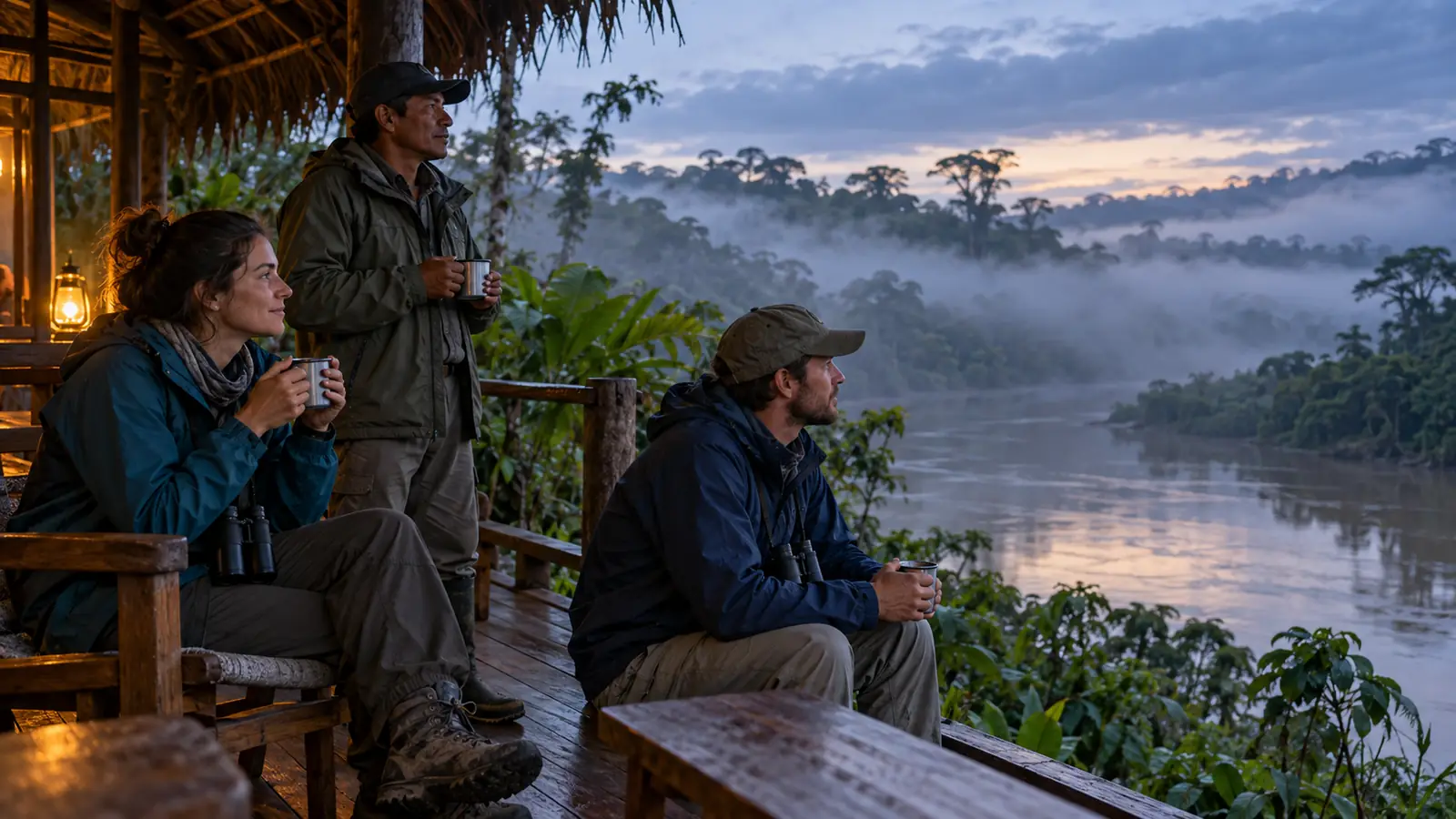 Travelers wearing light warm layers during a cool misty friaje morning at a Tambopata lodge