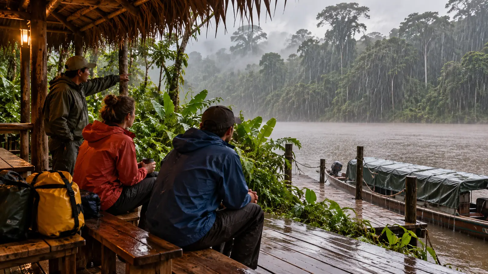 Guide and travelers watching intense tropical rain safely from a simple Tambopata lodge veranda