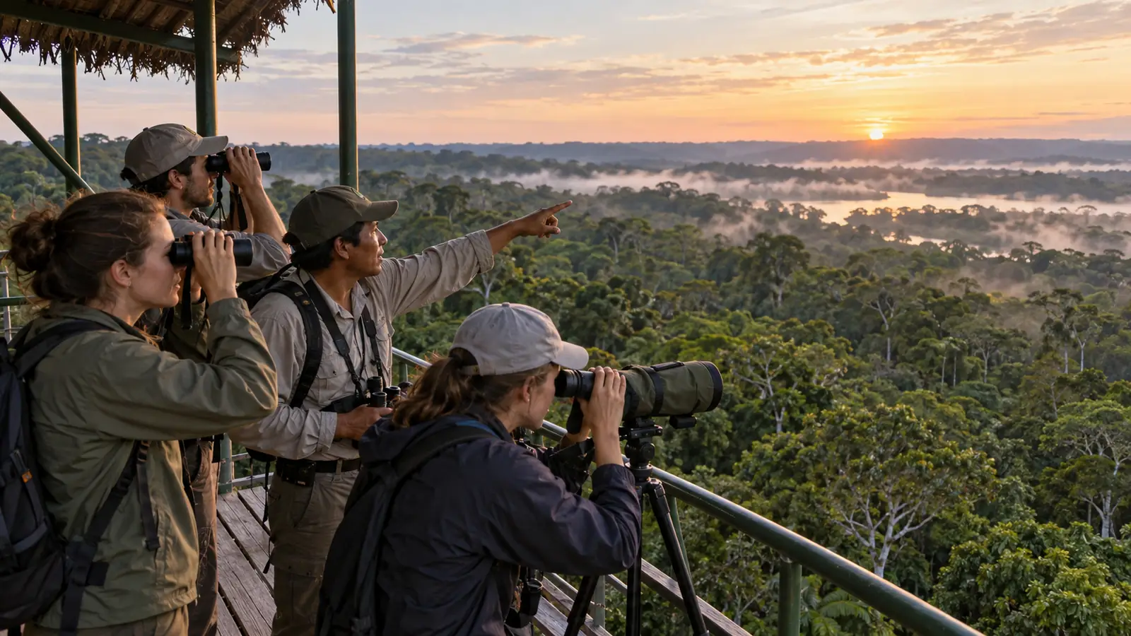 Small group using binoculars and a spotting scope from a safe Tambopata canopy platform at dawn