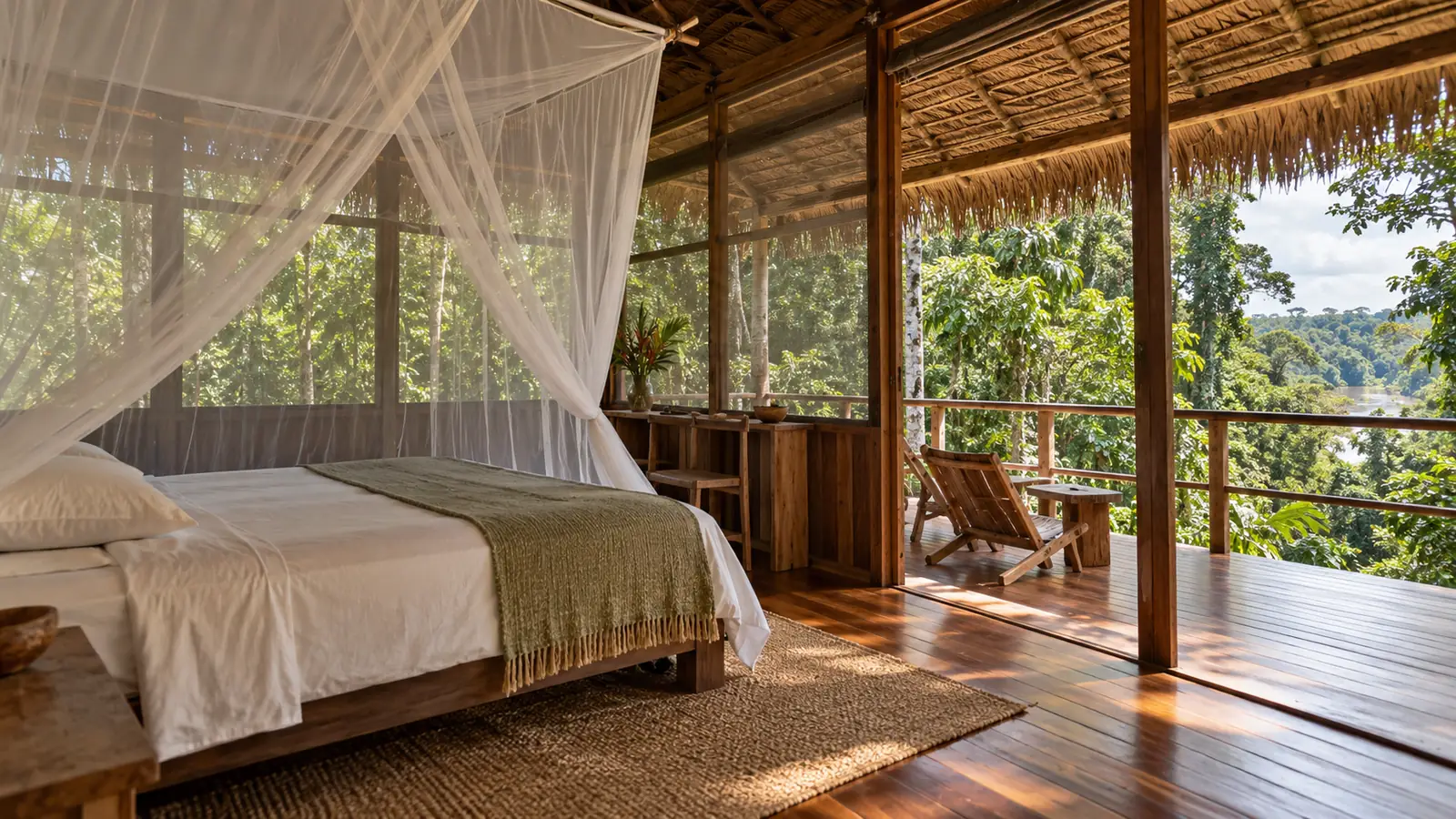 Screened timber lodge bungalow with mosquito net and covered veranda overlooking Tambopata forest
